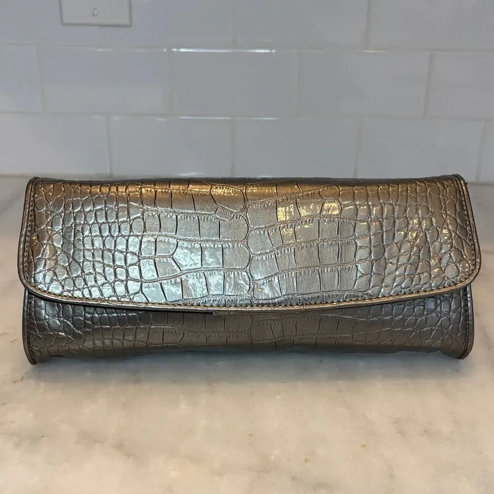 Ann Taylor LOFT purse silver metallic crocodile-embossed envelope clutch bag